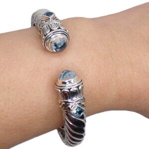 Elegant Sterling Silver & Blue Topaz Cuff Bracelet, 18K Gold Accents Hinged Cuff
